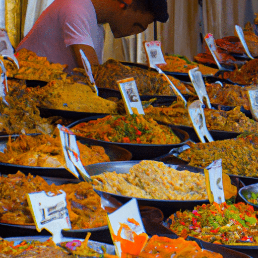 תמונה של דוכן אוכל המגיש מגוון ססגוני של מנות אקזוטיות, המפתה לקוחות פוטנציאליים.